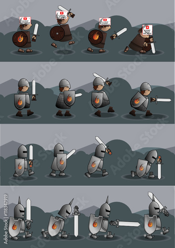 2d game / platformer characters , Swordsman / Warrior / Knight / soldier / young man with sword, shield and armor, ready for animation and upgrade, vector illustration, isolated, game ui