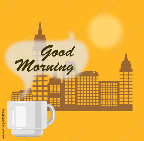 Cup of hot coffee and city buildings on background. Good morning