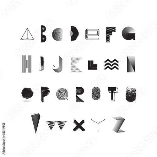 Vector black and white alphabet. Modern typeface made from different abstract shape and textures. Font set.