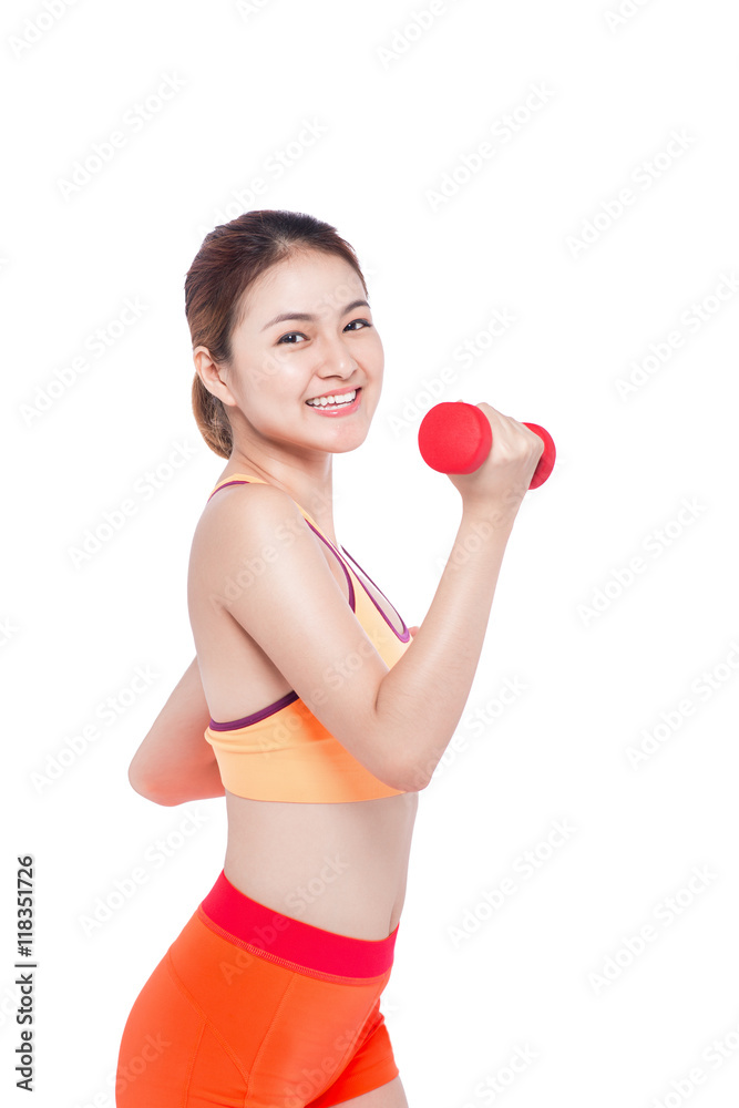 Asian woman working out with dumbbells happy and healthy lifesty Asian woman working out with dumbbells happy and healthy lifesty