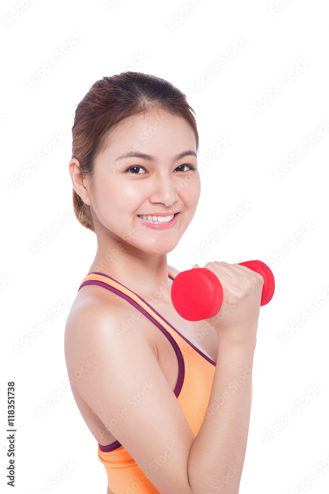 Asian woman working out with dumbbells happy and healthy lifesty Asian woman working out with dumbbells happy and healthy lifesty