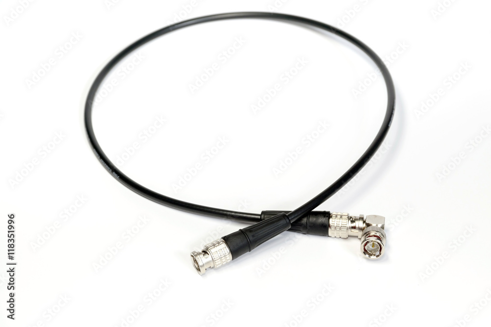 BNC connector jack with cable for video signal isolated on white background. BNC connector jack with cable for video signal isolated on white background.