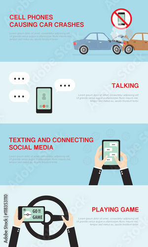 infographics banners collection with cell phones causing car crashes, talk on a cell phone, texting and connecting social media, playing game while driving