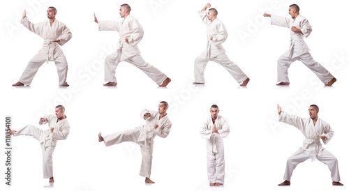 Collage of karate player in kimono isolated on white