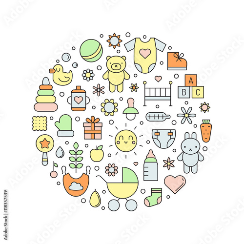 Baby (girl and boy) cute outline vector circle background.