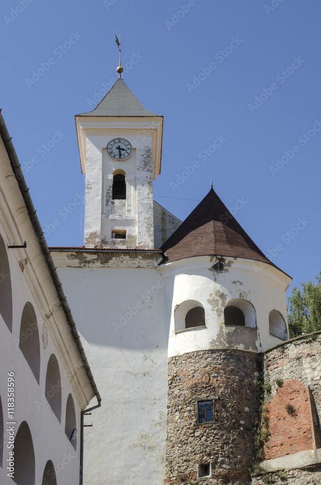 Fototapeta premium The courtyard and clock tower of the ancient castle Palanok in Mukachevo, Ukraine 