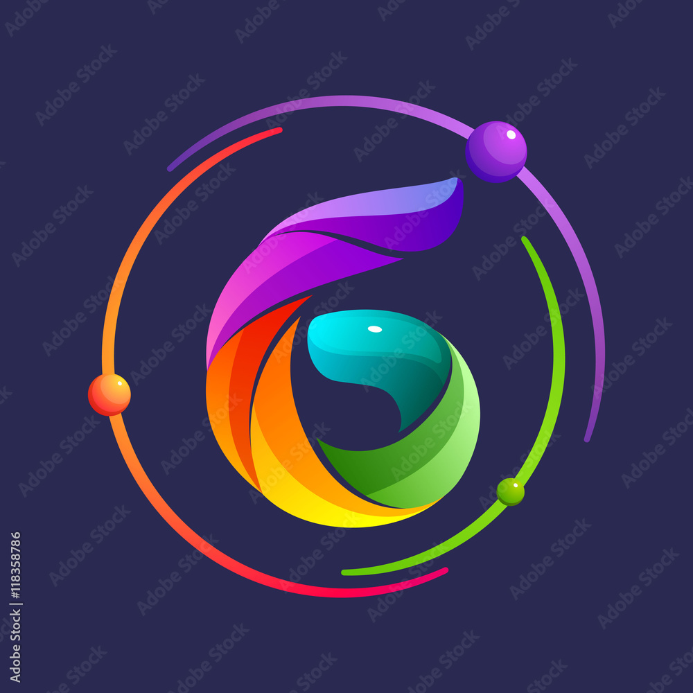 Obraz premium Number six logo with atoms orbits.