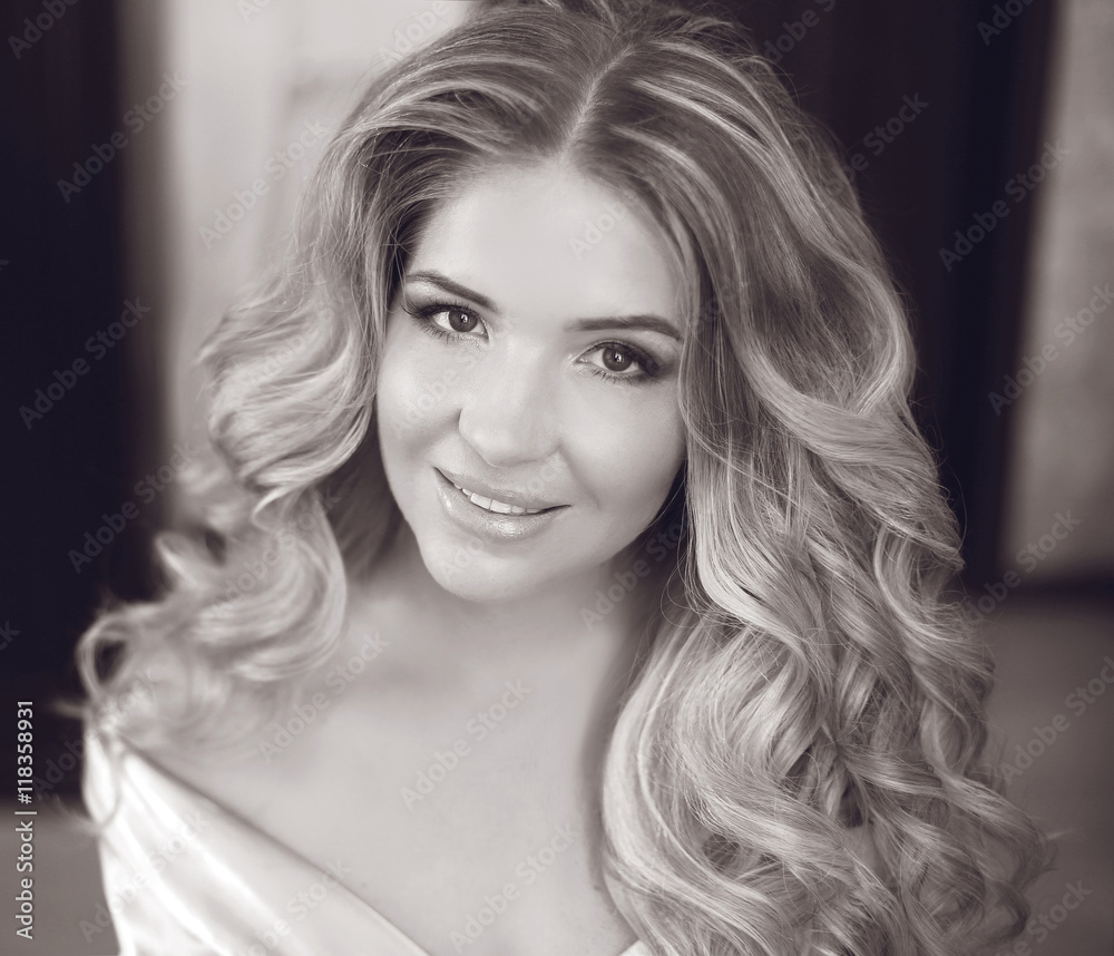 Beautiful blond happy smiling bride girl with Long curly hair, a Beautiful blond happy smiling bride girl with Long curly hair, a