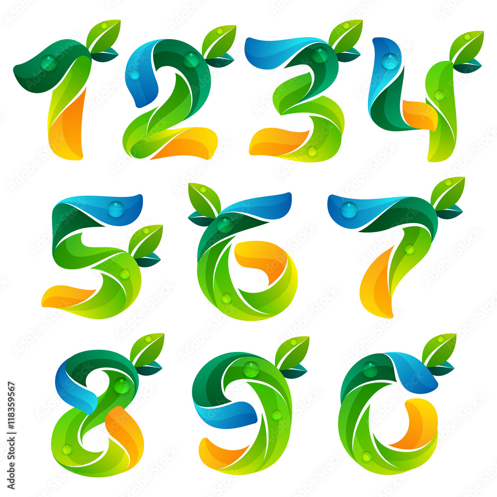 Numbers set logos with green leaves and water waves. Numbers set logos with green leaves and water waves.
