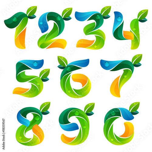 Numbers set logos with green leaves and water waves. © kaer_fstock