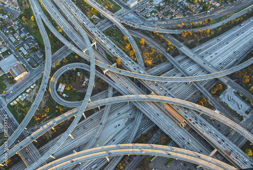 Aerial view of highway interchange in cityscape
