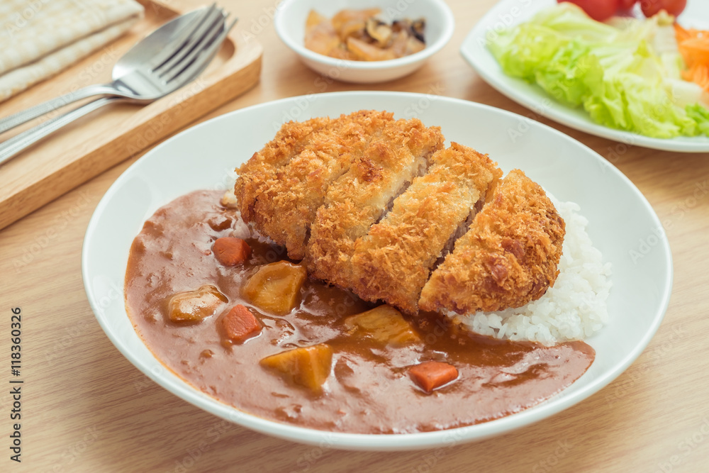 Crispy fried pork cutlet with curry and rice, Japanese food Crispy fried pork cutlet with curry and rice, Japanese food