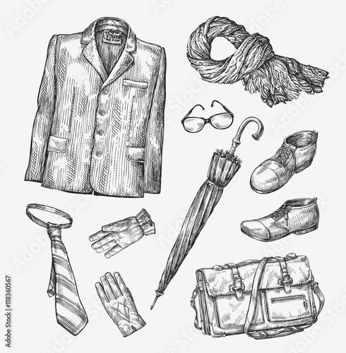 Fashion. Vector collection of men clothing. Hand-drawn sketch umbrella, tie, shoes, glasses, gloves, bag, scarf, jacket