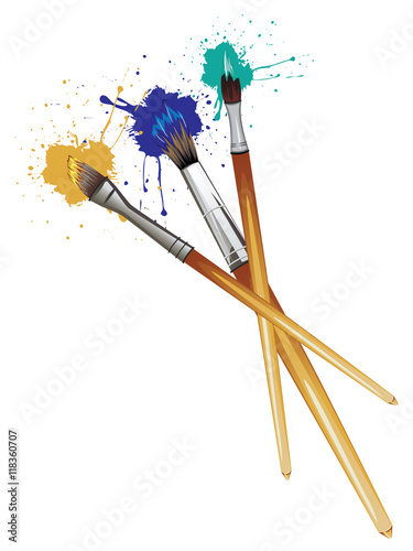 Artist Brushes with Paint. Three brushes with colorful paint splatters on white background photo