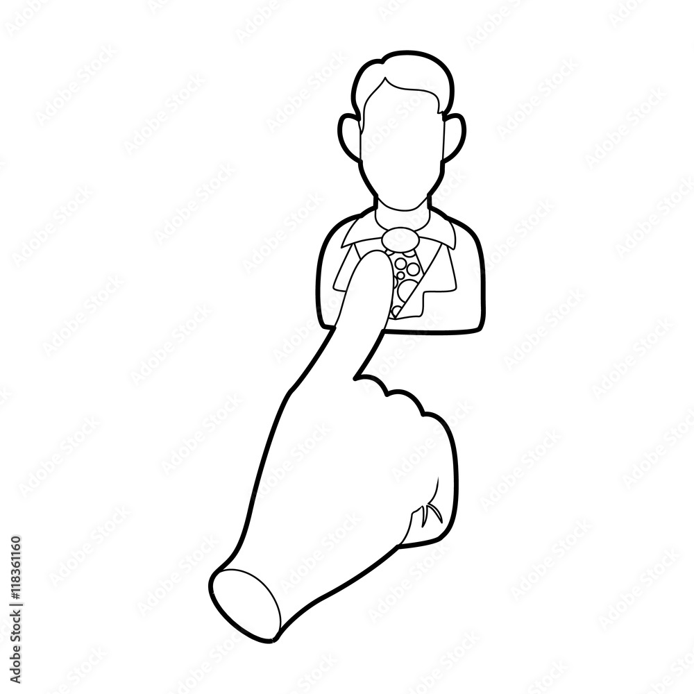 Hand cursor pointing to a person icon in outline style on a white background Hand cursor pointing to a person icon in outline style on a white background