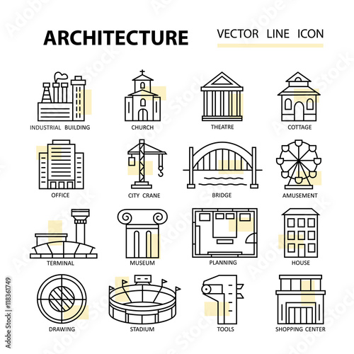 Set of modern linear icons with architecture elements.