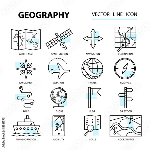 Set of modern linear icons with geography elements.