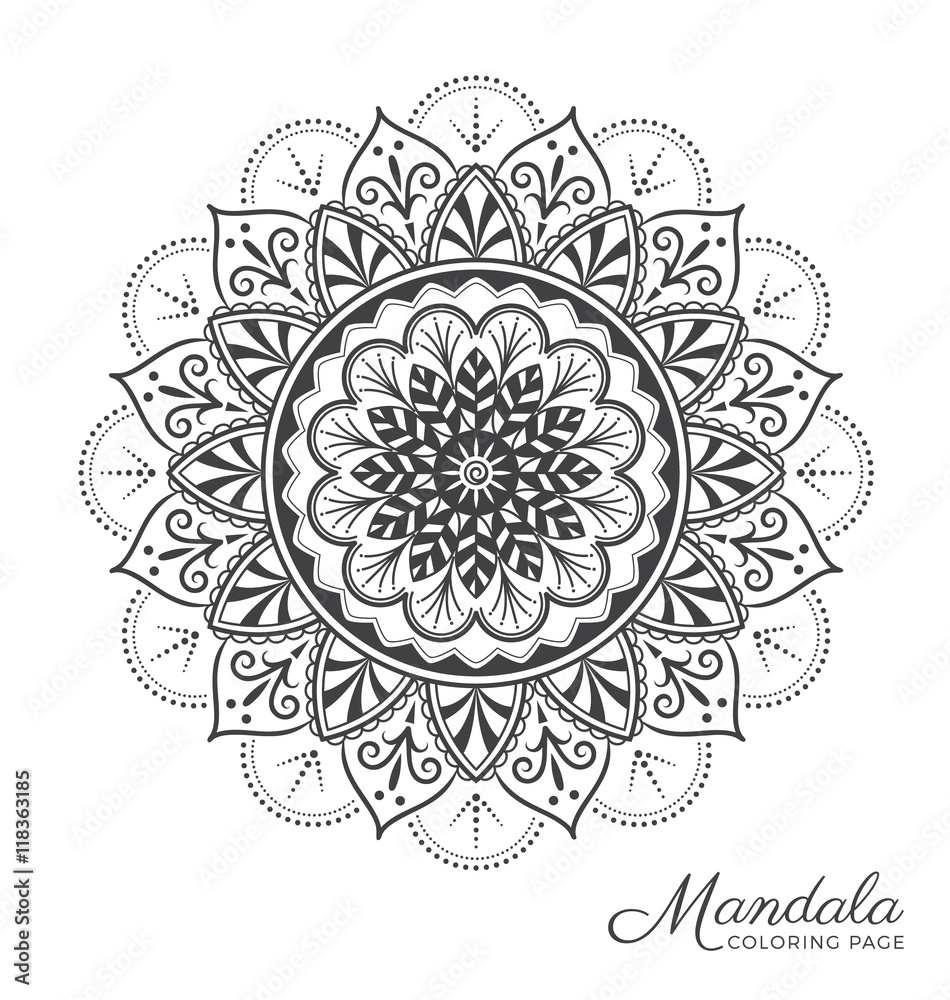 Tibetan mandala decorative ornament design for adult coloring page, greeting card, invitation, tattoo, yoga and spa symbol. Vector illustration