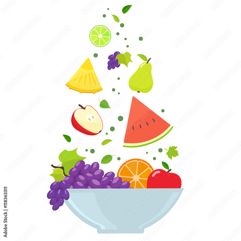 Bowl with colorful fruits isolated on white background. Vector stock ...