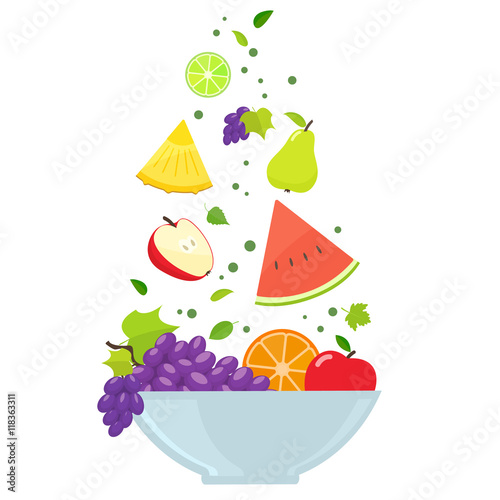 Bowl with colorful fruits isolated on white background. Vector stock illustration.