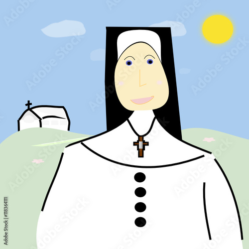 Monja en paisaje bucólico con convento.