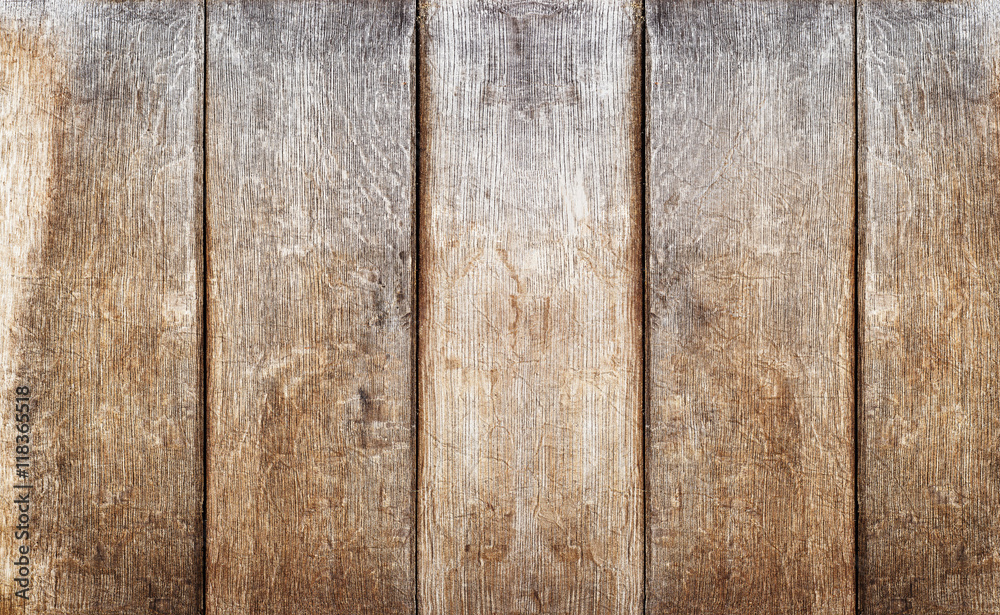Naklejka premium Old brown wooden board background, empty copy space