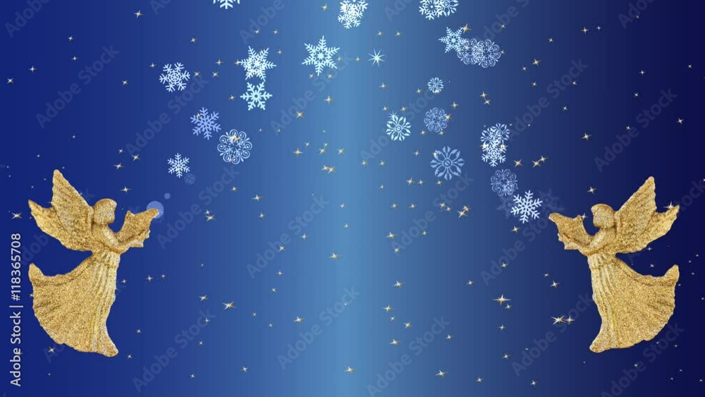 Goldene Weihnachtsengel mit aufsteigenden Schneeflocken