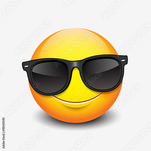 Cute smiling emoticon wearing black sunglasses, emoji, smiley