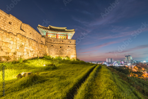 Hwaseong Fortress of Korea in Suwon at Night, South Korea photo