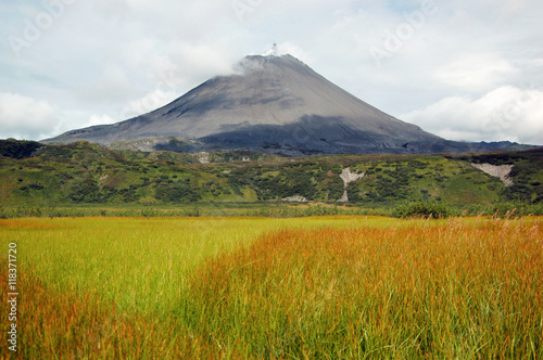 Karimskiy volcano. Volcanic eruption in Kamchatka, ash flow and destroyed