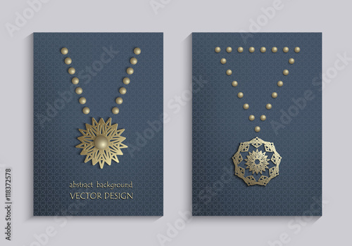 Stock vector set of brochures with gold 3d emblems. Elegant abstract composition, creative round shape icon,  banner in golden and navy blue tones. Vintage style. Design templates. Size A4, vertical. 