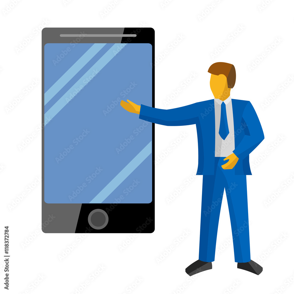 Businessman in blue suit present new big phone
