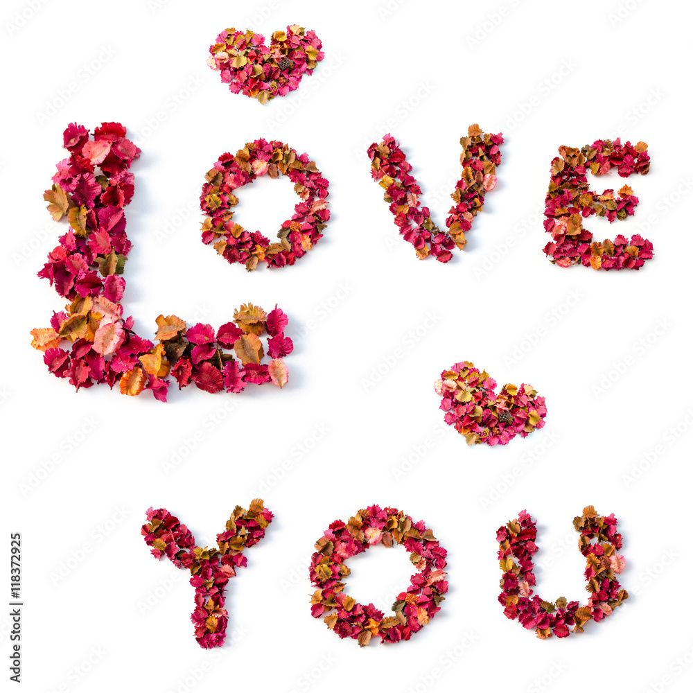 Love you word from flower leaves on white background