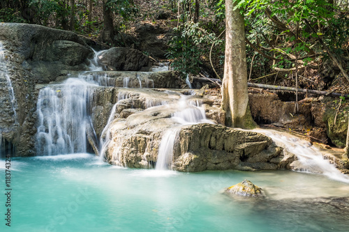 Fototapeta Naklejka Na Ścianę i Meble -  Waterfall deep forest scenic natural at huai mae khamin national park, kanchanaburi, thailand