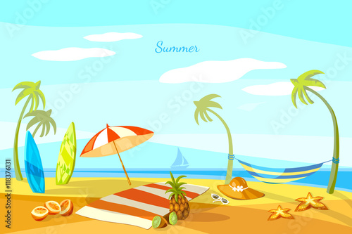 Fototapeta Naklejka Na Ścianę i Meble -  Summer beach cartoon towel umbrella starfish surf boards