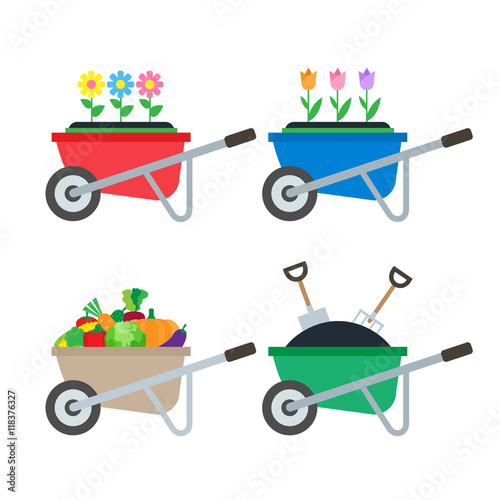 set of wheelbarrows with flowers harvest vegetables dirt shovel pitchfork in flat style isolated on white background