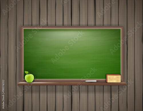 Vector illustration of empty green school Board on Wooden wall.


