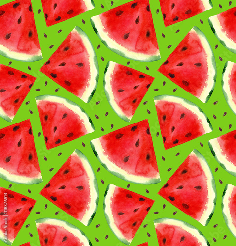 Watercolor hand painted watermelon seamless pattern. Green background.