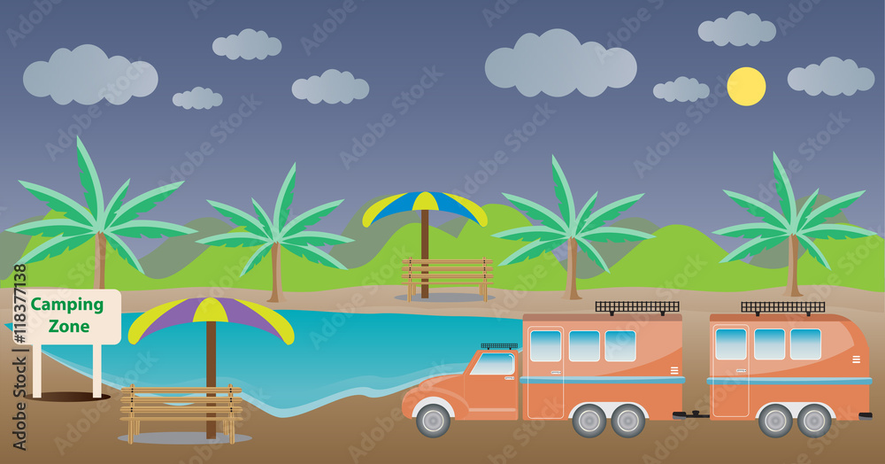  Camping Caravan car with Lake  Landscape background