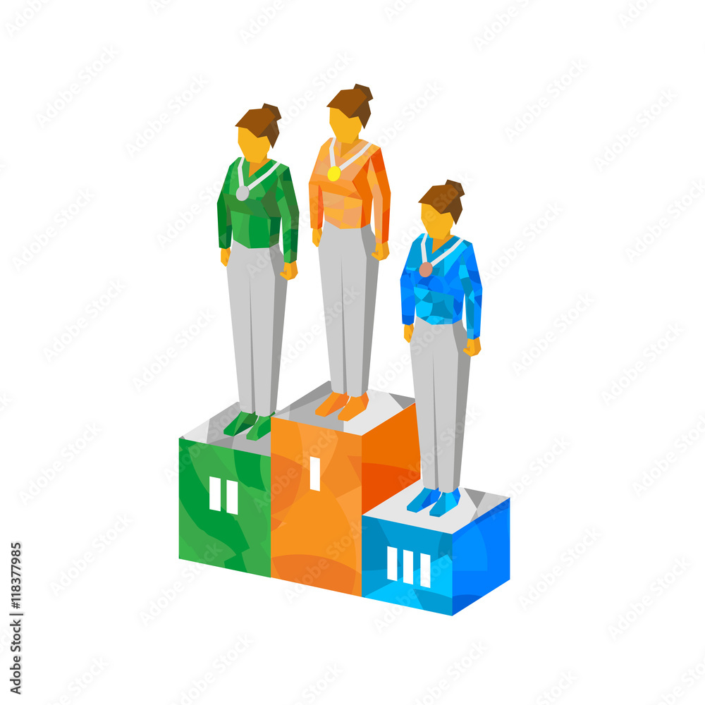Women sport champions on a pedestal, dressed in shirts and trousers Women sport champions on a pedestal, dressed in shirts and trousers
