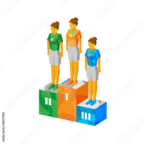 Women sport champions on a pedestal, dressed in T-shirts and shorts. 