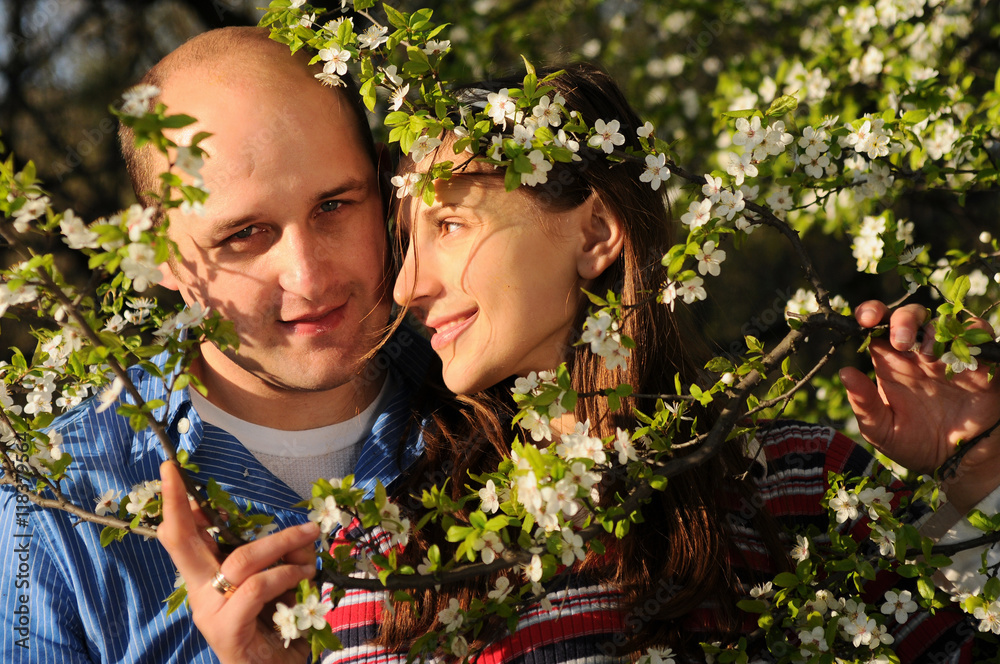 Fototapeta premium Portrait of happy couple enjoying spring in park.Dating. Love story