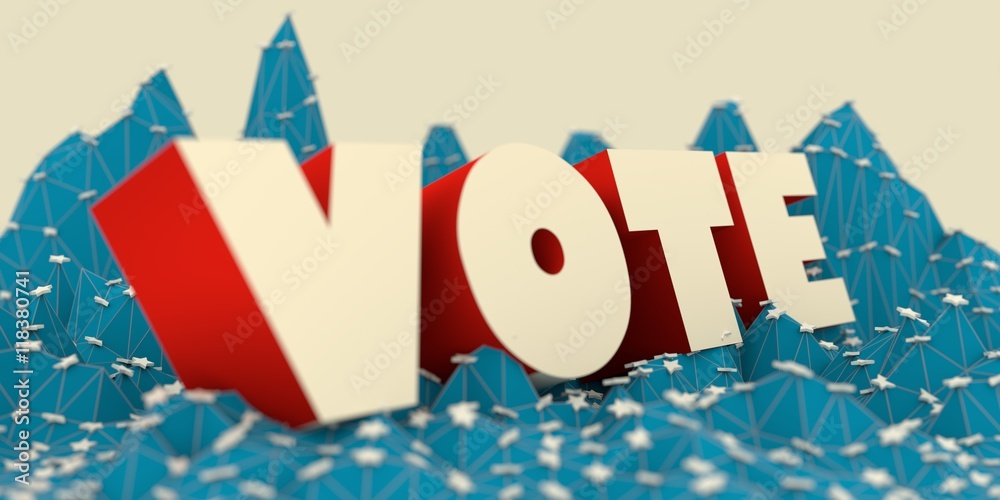 Obraz premium Low poly mountains landscape. 3d illustration. Polygonal mosaic background. Vote word. United States flag colors