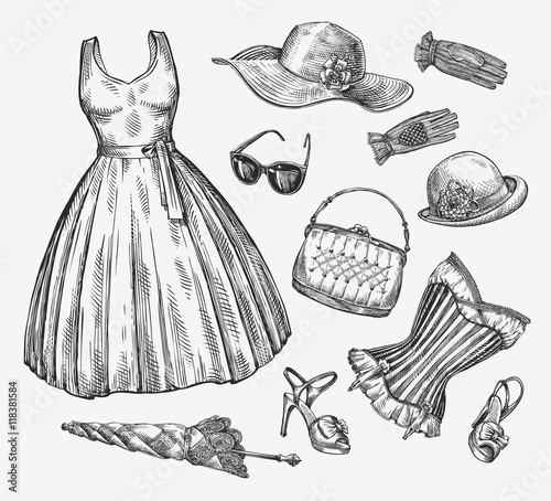 Fashion. Vector collection of women clothing. Hand-drawn sketch umbrella, dress, sunglasses, corset, handbag, hat, gloves, shoes