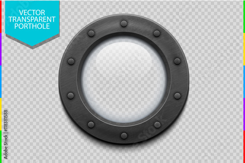 Illustration of a metal ship porthole with glass isolated on transparent background. Rivets mount. photo