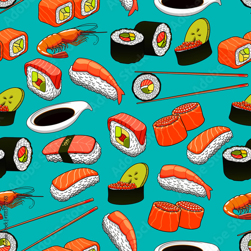 Sushi and rolls seamless pattern background. photo
