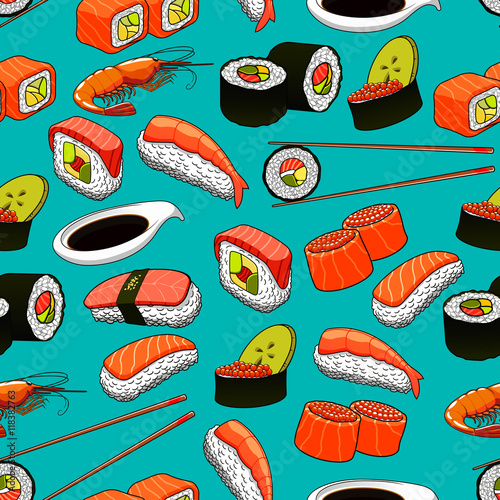 Sushi and rolls seamless pattern background.