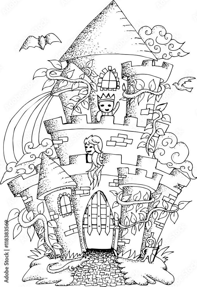 Naklejka Black and white illustration of a fairy house with details for adult coloring book