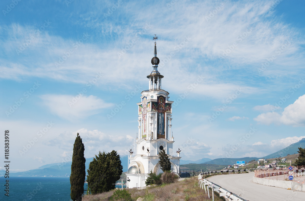 view of Nicholas temple-lighthouse in Malorechenskoye, Crimea 