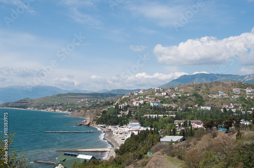  panoramic top view of township Malorechenskoye on Black sea coast, Crimea 